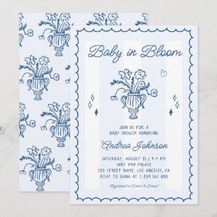 Invitation Bleu Rétro à rayures Bébé en fleurs Fête de bébé g