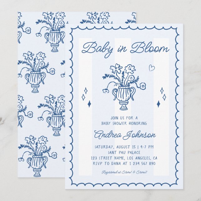 Invitation Bleu Rétro à rayures Bébé en fleurs Fête de bébé g (Devant / Derrière)