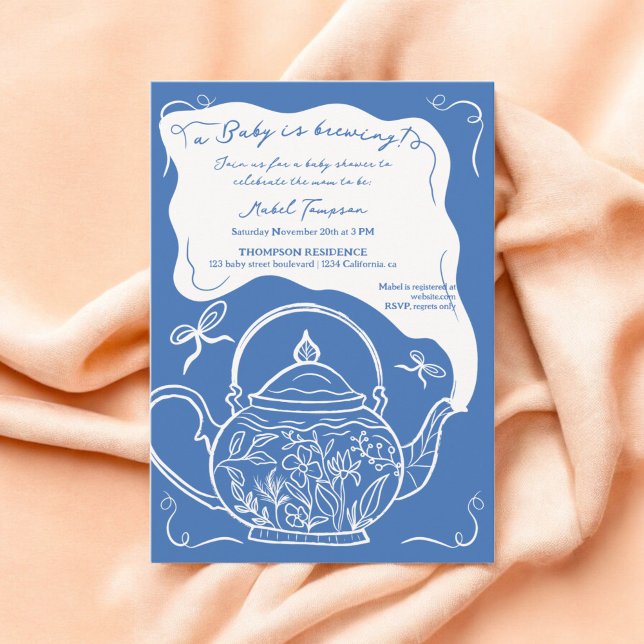 Invitation Bleu retro arcs teapot bébé est en train de brasse (Blue retro bows teapot baby is brewing shower invitation)