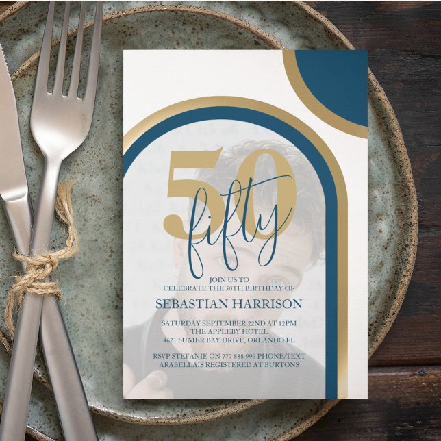 Invitation Bleu Rétro Et Or 50e Photo Anniversaire (Créateur téléchargé)