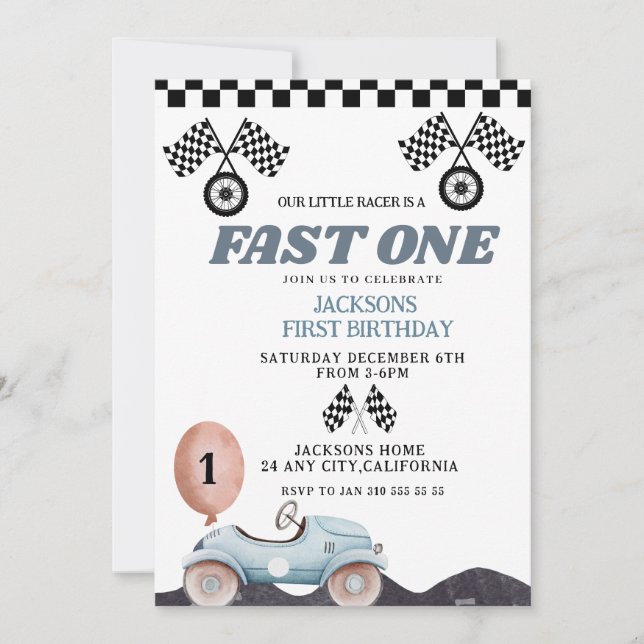 Invitation Bleu Rétro Rapide un Garçon 1er Anniversaire Voitu (Devant)