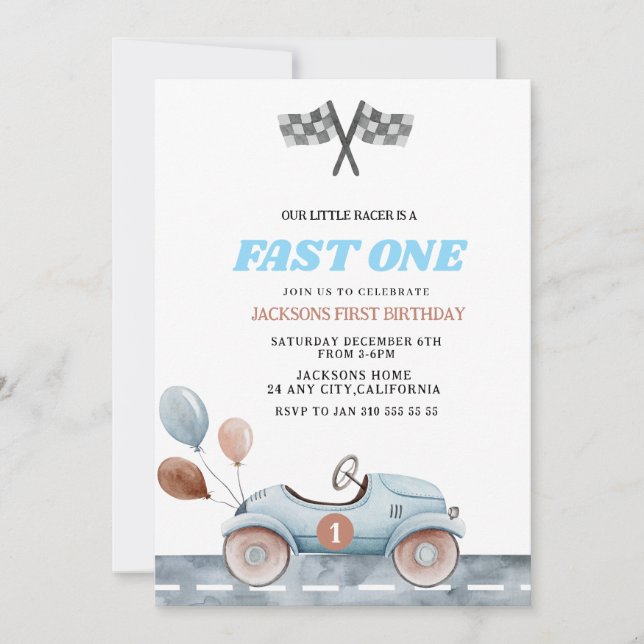 Invitation Bleu Rétro Rapide un Garçon 1er Anniversaire Voitu (Devant)