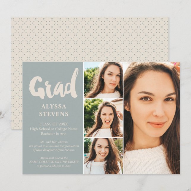 Invitation Bleu rétro simple Grille script 4 photos graduatio (Devant / Derrière)