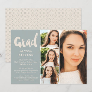 Invitation Bleu rétro simple Grille script 4 photos graduatio