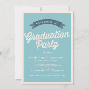 Invitation Bleu Retro Typographie Parti de Graduation