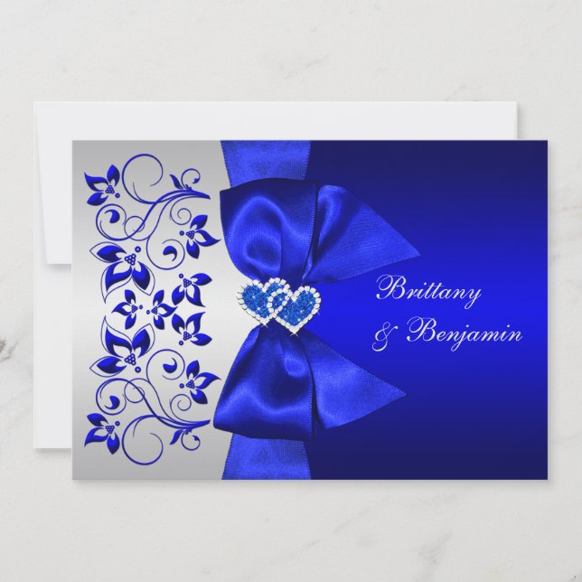 Invitation Bleu RIBBON IMPRIMÉ, mariage floral argenté (Devant)