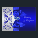 Invitation Bleu RIBBON IMPRIMÉ, mariage floral argenté<br><div class="desc">Ce faire-part de mariage floral bleu cobalt et gris argenté élégant et romantique est doté d'un ruban et d'un arc IMPRIMÉS avec une paire de bijoux en diamant IMPRIMÉS et FAUX parties scintillant a joint le coeur sur lui. ****VEUILLEZ NOTER qu'il n'y a pas d'embossage ou d'images en relief sur...</div>