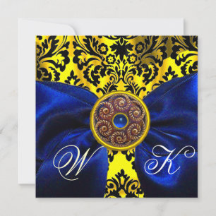 INVITATION BLEU RIBBON OR JAUNE BLACK DAMASK MONOGRAM