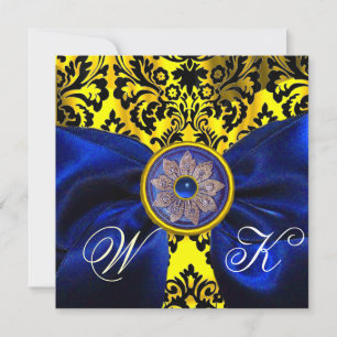 INVITATION BLEU RIBBON OR JAUNE BLACK DAMASK MONOGRAM