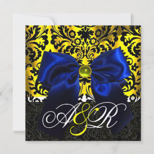 INVITATION BLEU RIBBON OR JAUNE BLACK DAMASK MONOGRAM