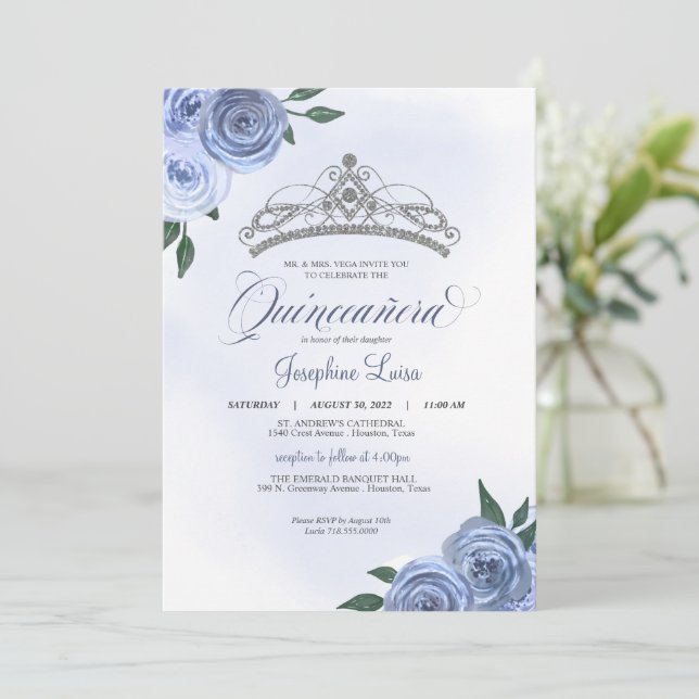 Invitation Bleu Rose Argent Floral Quinceañera Anniversaire (Debout devant)