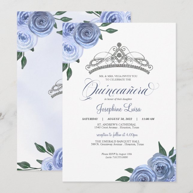 Invitation Bleu Rose Argent Floral Quinceañera Anniversaire I (Devant / Derrière)
