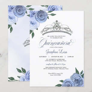 Invitation Bleu Rose Argent Floral Quinceañera Anniversaire I