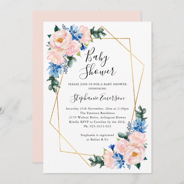 Invitation Bleu rose baby shower (Devant / Derrière)