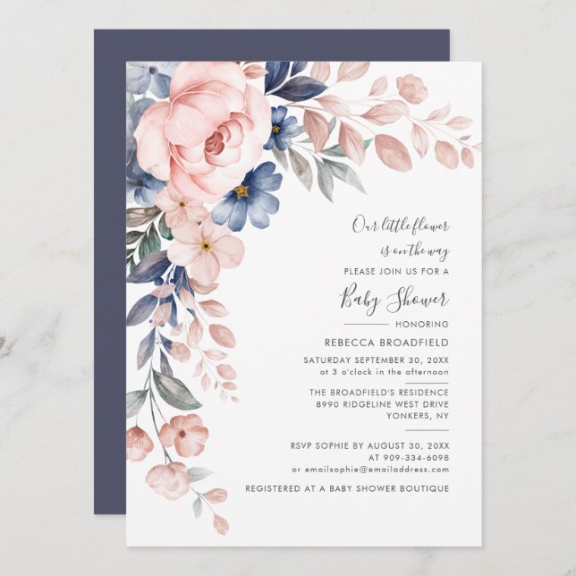 Invitation Bleu rose Baby shower fleuri Pastel (Devant / Derrière)