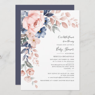 Invitation Bleu rose Baby shower fleuri Pastel