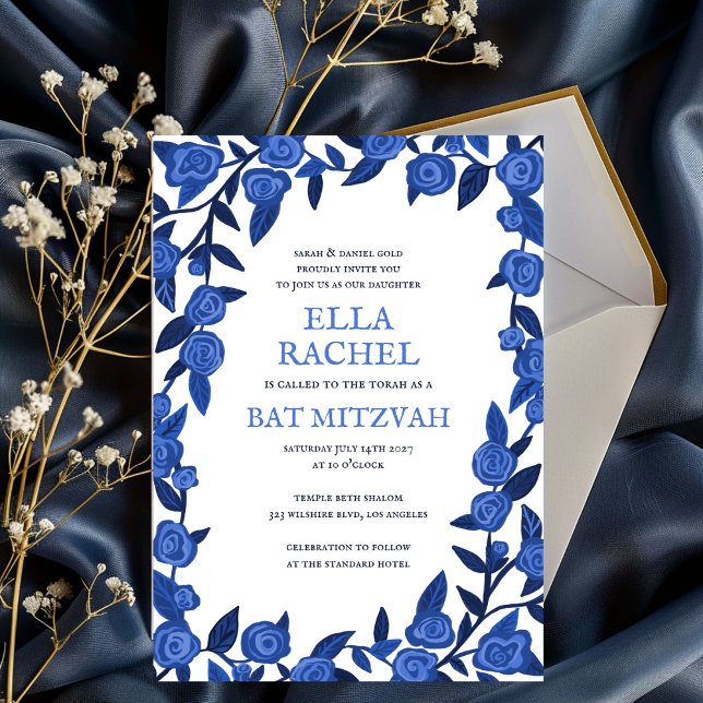 Invitation Bleu Rose Bat Bar Mitzvah Moderne Girl Custom (Blue Roses Bat Bar Mitzvah Modern Girl Custom Invitation
)