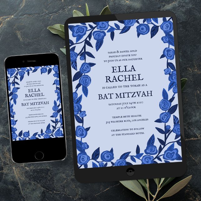 Invitation Bleu Rose Bat Bar Mitzvah Moderne Girl Custom (Blue Roses Bat Bar Mitzvah Modern Girl Custom Digital Evite  Invitation
)