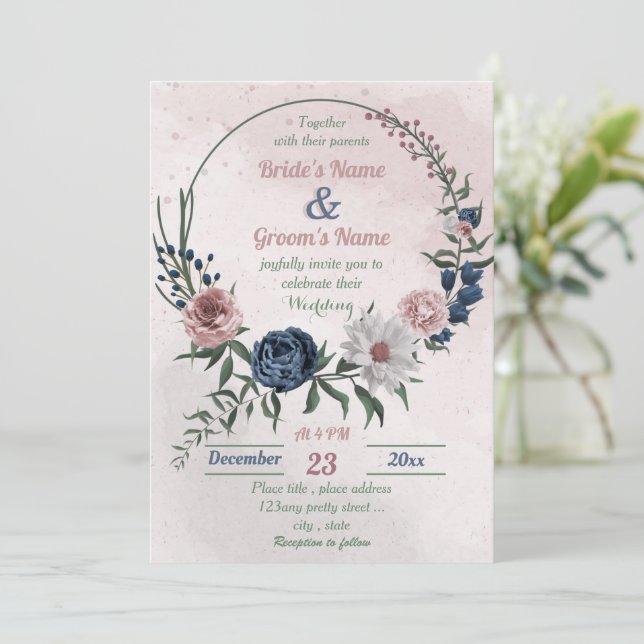 Invitation bleu rose & blanc fleuri vert mariage (Debout devant)
