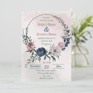 Invitation bleu rose & blanc fleuri vert mariage