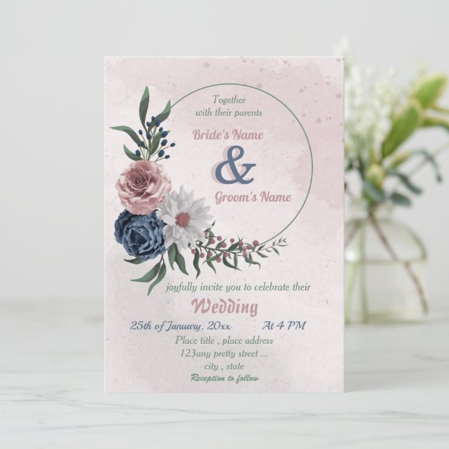 Invitation bleu rose & blanc fleuri vert mariage (Debout devant)