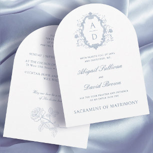 Invitation Bleu Rose Crest Monogrammes Mariage catholique