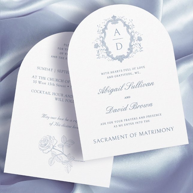 Invitation Bleu Rose Crest Monogrammes Mariage catholique (Créateur téléchargé)