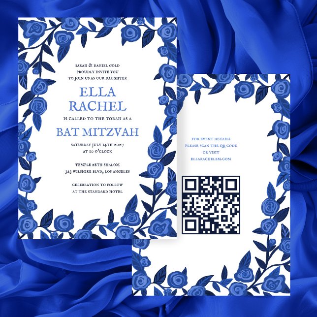 Invitation Bleu Rose Custom Bat Bar Mitzvah QR Code Girl (Blue Roses Custom Bat Bar Mitzvah QR Code Girl Modern Invitation
)