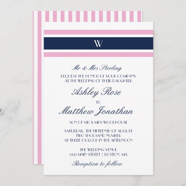 Invitation Bleu rose et marine | Mariage monogramme (Devant / Derrière)