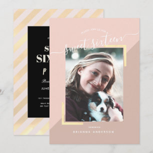 Invitation Bleu rose et or Couleur bloc photo Sweet 16