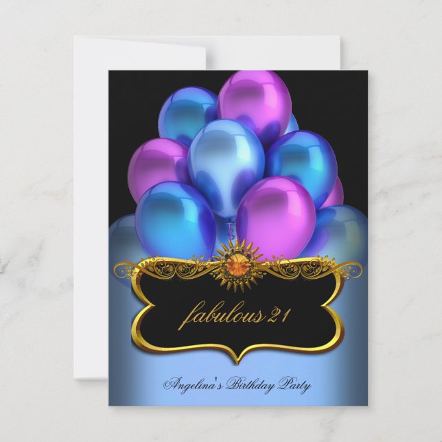 Invitation Bleu rose Fabrique Black Gold Balloons Anniversair (Devant)