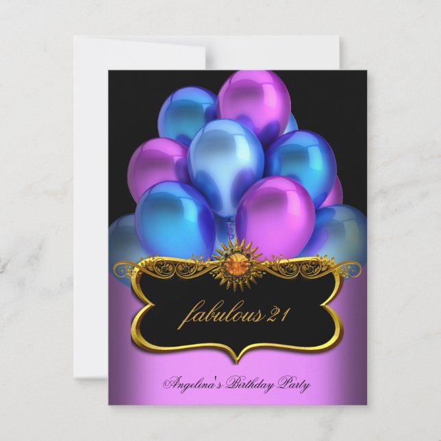 Invitation Bleu Rose Fantastique Ballons Noir Or Anniversaire (Devant)