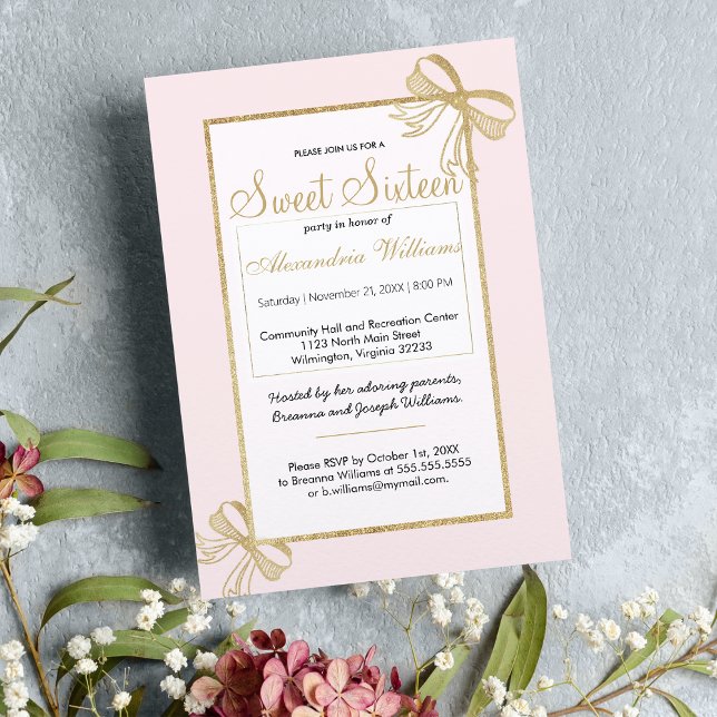 Invitation Bleu rose faux or parties scintillant arc Sweet 16 (Blush pink faux gold glitter bow Sweet 16 Invitation)