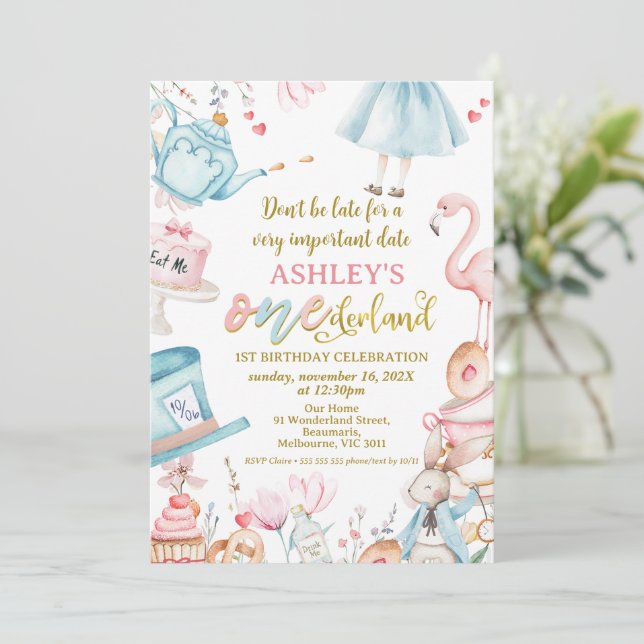 Invitation Bleu rose Fleur sauvage Alice Onederland 1er anniv (Debout devant)