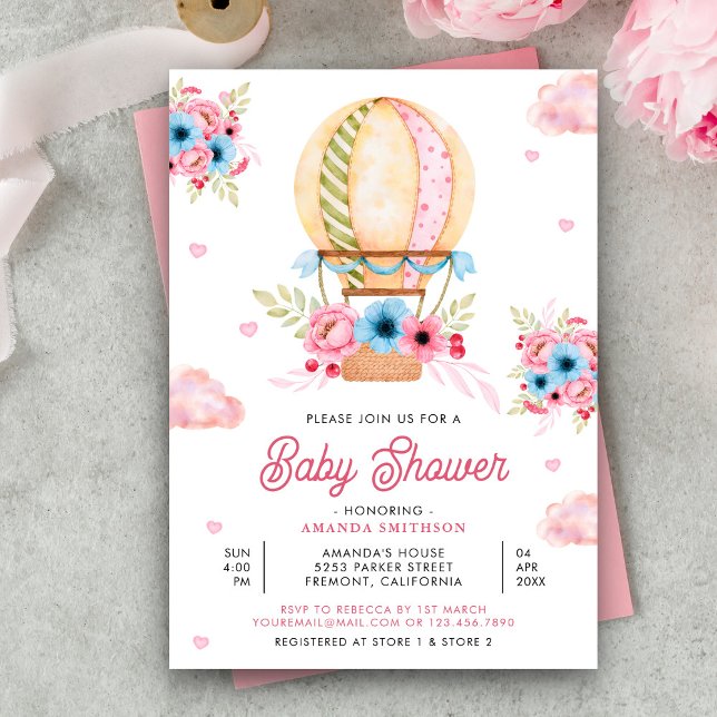 Invitation Bleu rose Floral Hot Air Balloon Baby shower fille (Créateur téléchargé)