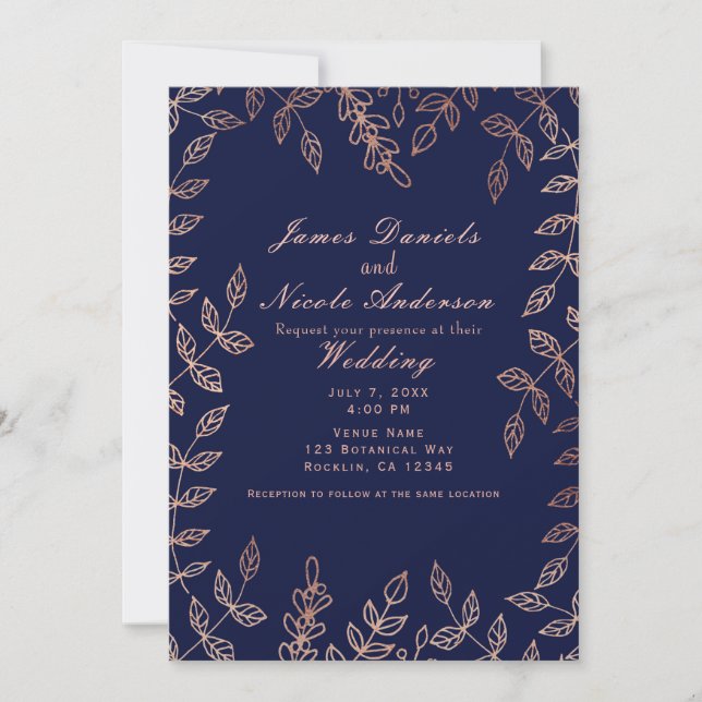 Invitation Bleu & Rose Gold Glam Botanique Mariage élégant (Devant)