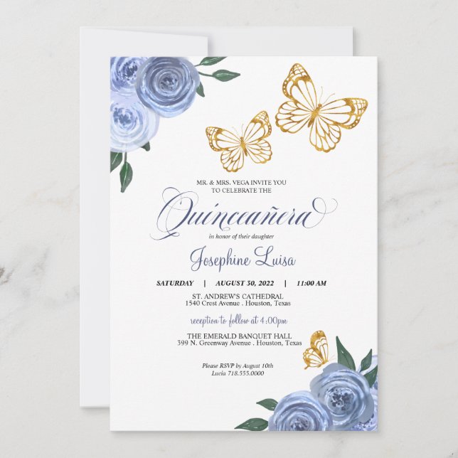 Invitation Bleu Rose Golden Butterfly Quinceañera Anniversair (Devant)