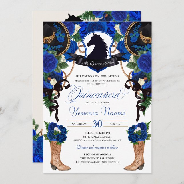 Invitation Bleu Rose Horse Crest Elegant Charro Quinceanera (Devant / Derrière)