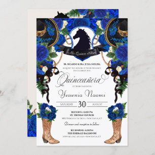 Invitation Bleu Rose Horse Crest Elegant Charro Quinceanera 