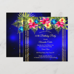 Invitation Bleu Rose Jaune Hibiscus Fête Florale Tropicale