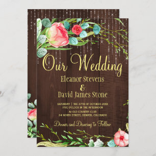 Invitation Bleu rose lampes à cordes rustiques grange mariage