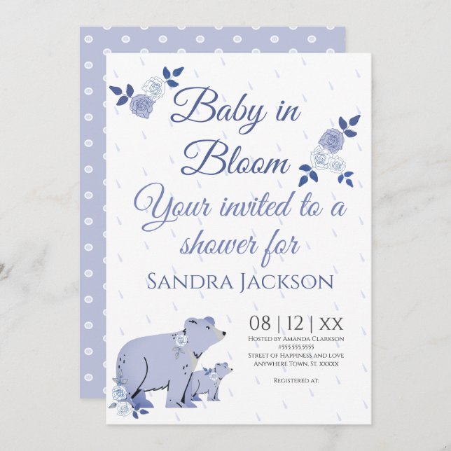 Invitation Bleu Rose mignonne Momma ours Baby shower garçon I (Devant / Derrière)