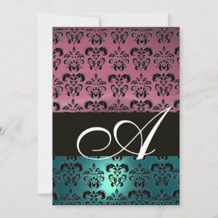 Invitation BLEU ROSE NOIR  DAMAS MONOGRAMME, blanc brillant