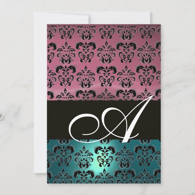 Invitation BLEU ROSE NOIR DAMASK MONOGRAM, blanc brillant (Devant)