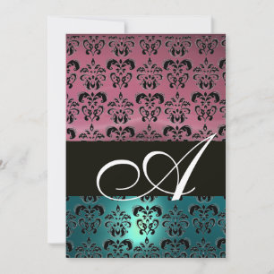 Invitation BLEU ROSE NOIR DAMASK MONOGRAM, blanc brillant