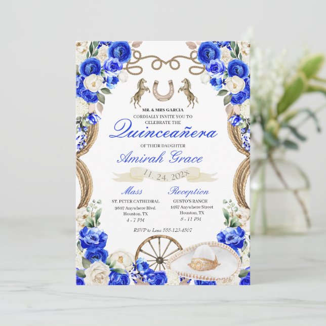 Invitation Bleu Rose Occidental Charro Cowgirl Quinceañera (Debout devant)