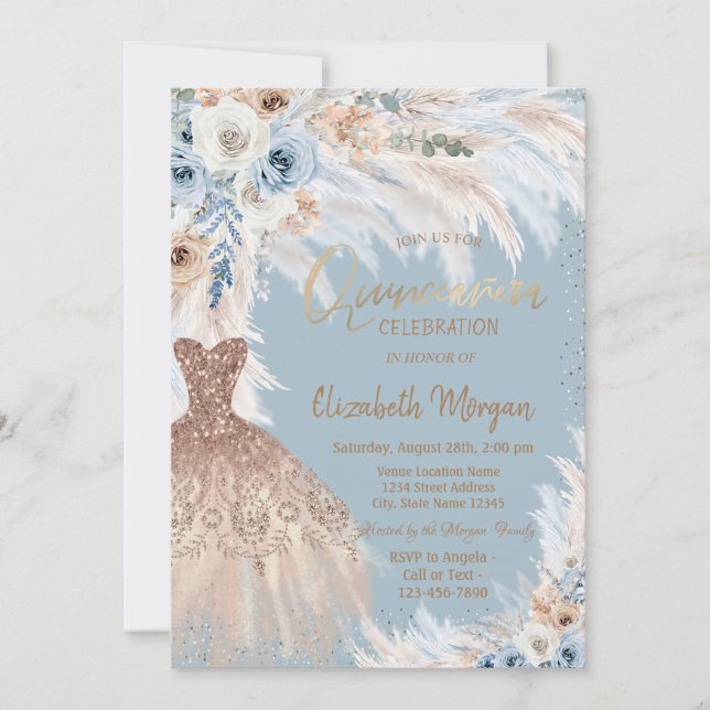 Invitation Bleu Rose Pampas Robe en Grass Bleu clair (Devant)