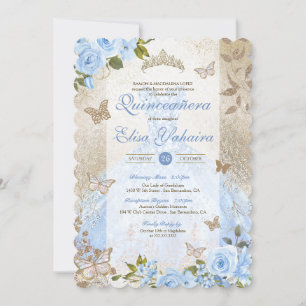 Invitation Bleu Rose papillon Glam Princesse Quinceañera