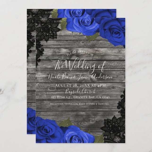 Invitation Bleu Rose Rustique Bois Noir Mariage dentelle (Devant / Derrière)