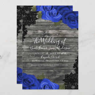 Invitation Bleu Rose Rustique Bois Noir Mariage dentelle